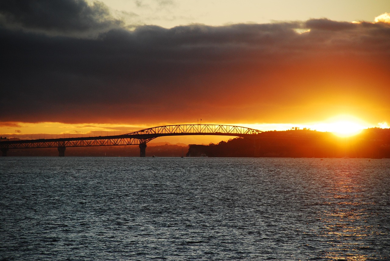 Sunset behind the Auckland Harbour Bridge